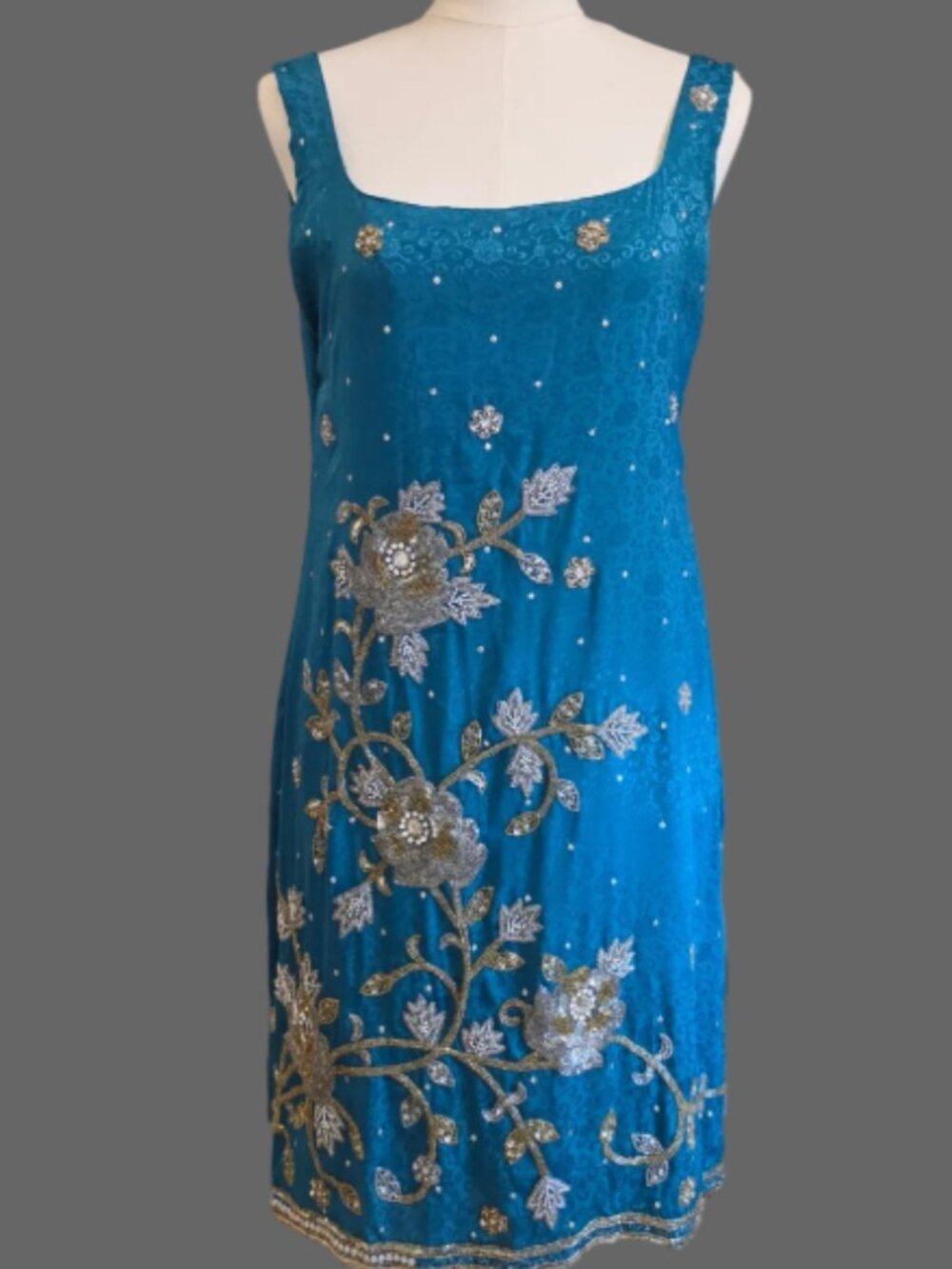 Teal Blue Beaded Floral Embroidered Sleeveless Midi Dress Side Slits
